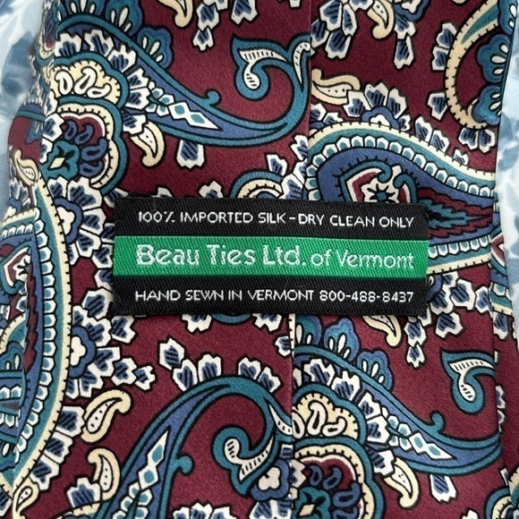 Beau Ties hand sewn 100% silk neck tie paisley made in Vermont - Picture 3 of 6